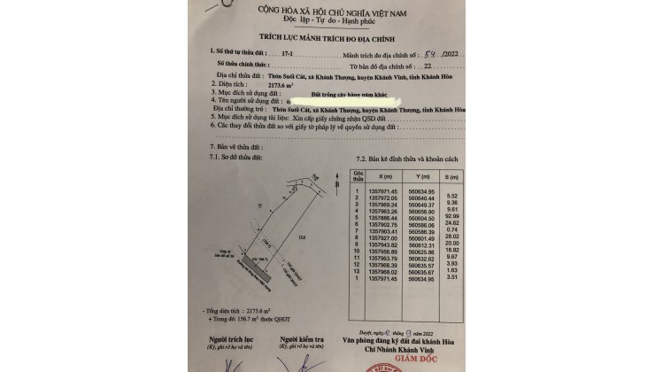 Bán gấp 2173m đất Khánh Thượng giáp Suối , giá chỉ 550k/m